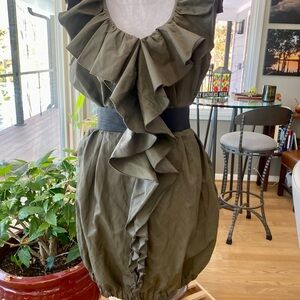 D.Exterior 🇮🇹 VERY RARE ! Deep Olive/ Army Green Ruffle, Balloon Hemmed Dress— L